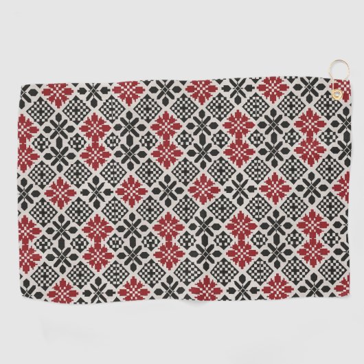 Red Black White Geometric Folk Pattern ゴルフタオル (横)