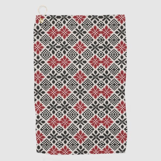 Red Black White Geometric Folk Pattern ゴルフタオル (正面)