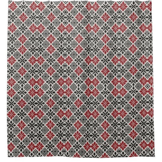 Red Black White Geometric Folk Pattern シャワーカーテン (正面)