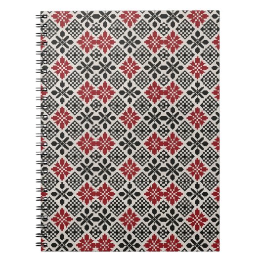 Red Black White Geometric Folk Pattern ノートブック (正面)