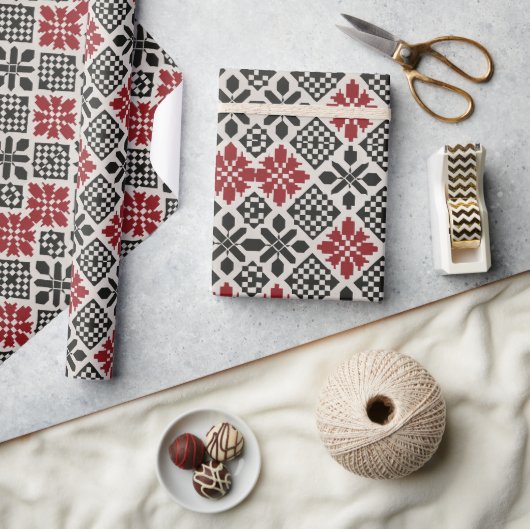 Red Black White Geometric Folk Pattern ラッピングペーパー (クラフト)
