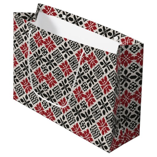 Red Black White Geometric Folk Pattern ラージペーパーバッグ (正面アングル)