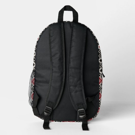 Red Black White Geometric Folk Pattern Backpack  プリントバックパック (裏面)