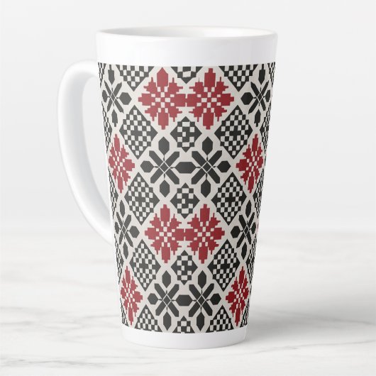 Red Black White Geometric Folk Pattern Coffee Mug  カフェラテマグ (左アングル)