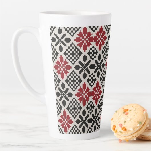 Red Black White Geometric Folk Pattern Coffee Mug  カフェラテマグ (インサイチュ)