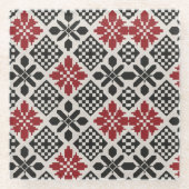Red Black White Geometric Keffiyeh Folk Pattern ガラスコースター (正面)