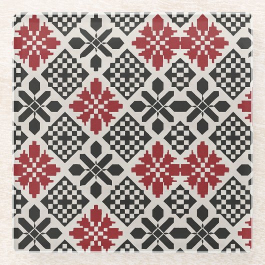 Red Black White Geometric Keffiyeh Folk Pattern ガラスコースター (正面)
