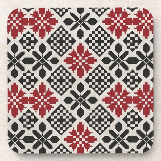 Red Black White Geometric Keffiyeh Folk Pattern コースター (正面)