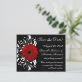 Red+Black+White Gerberaデイジー日付の保存 案内ポストカード (スタンド正面)