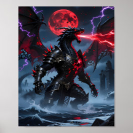 Red Blood Moon Armored Black Dragon Fantasy ポスター