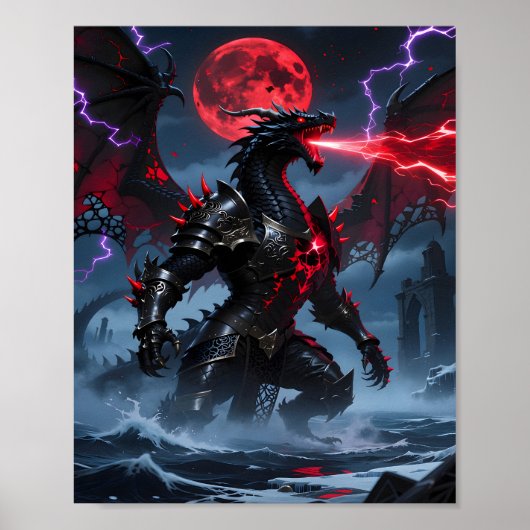 Red Blood Moon Armored Black Dragon Fantasy ポスター (正面)