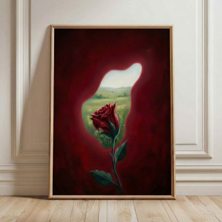 Red Bloom Window – Surreal Floral Wall Art Print ポスター