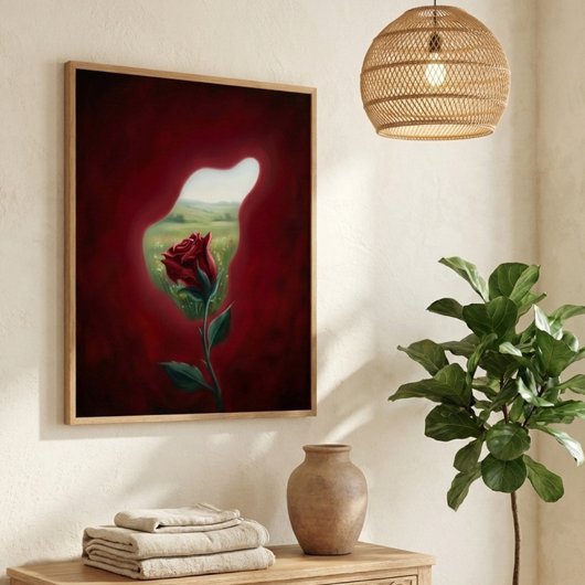 Red Bloom Window – Surreal Floral Wall Art Print ポスター