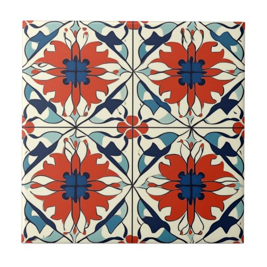 Red Blue and Off White Pattern Ceramic Tile タイル (正面)