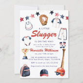 Red Blue Baseball Baby Shower - A Little Slugger 招待状 (正面)