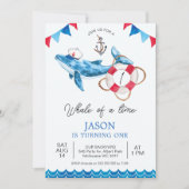 Red Blue Boys Whale of a Time 1st Birthday 招待状 (正面)