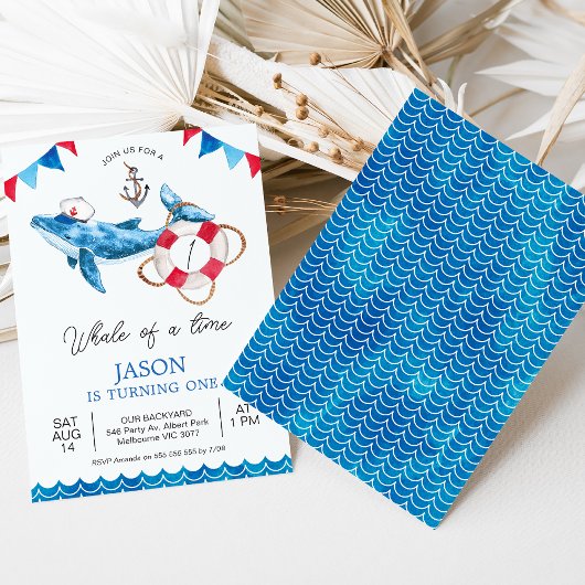 Red Blue Boys Whale of a Time 1st Birthday 招待状