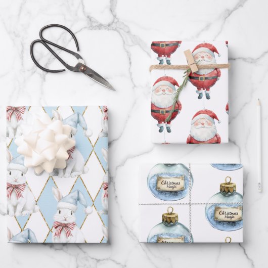 Red Blue Christmas Magic Santa Bunny Rabbit ラッピングペーパーシート (正面)