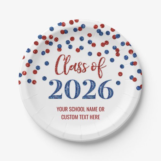Red Blue Confetti Graduation 2026 ペーパープレート (正面)