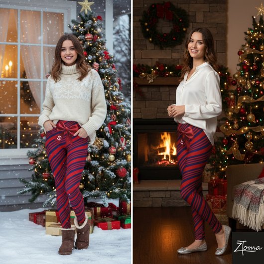 Red Blue Diagonal Stripes Ribbon Background レギンス