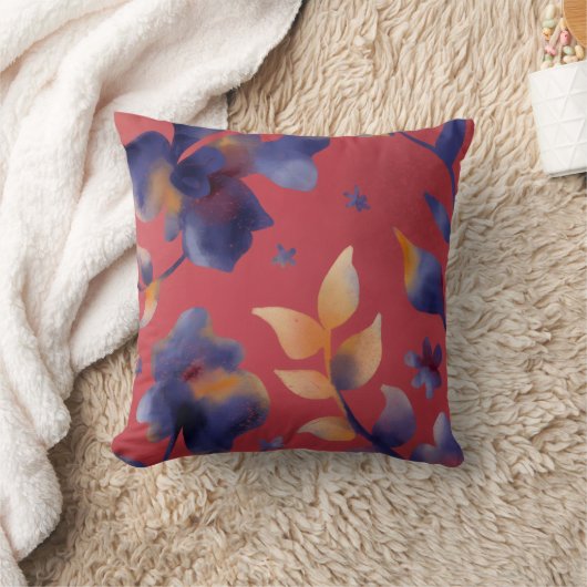Red Blue Gold watercolor illustration throw pillow クッション (ブランケット)