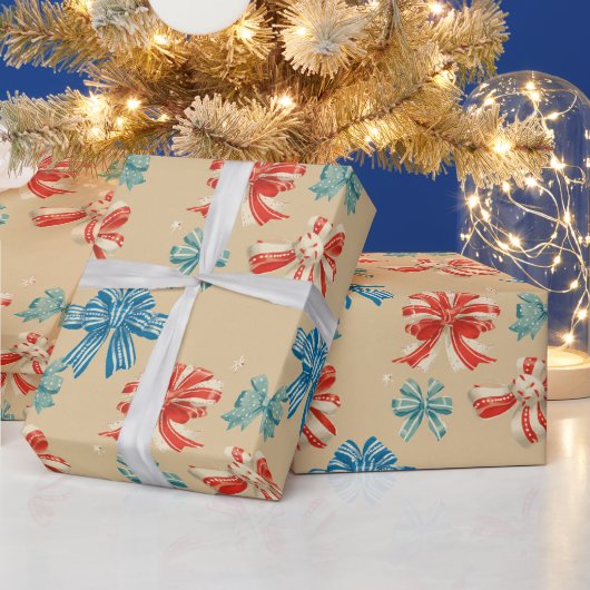 Red, Blue, Green, White Bow Pattern ラッピングペーパー (クリスマス)
