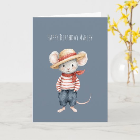 Red Blue Jeans Mouse Birthday カード (黄色い花)