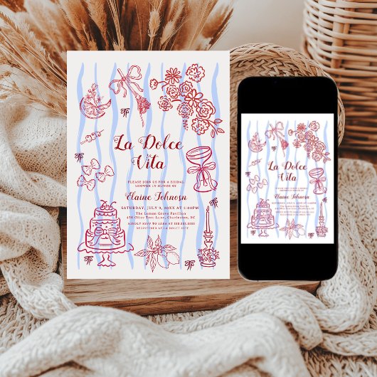 Red Blue Lemon La Dolce Vita Bridal Shower 招待状