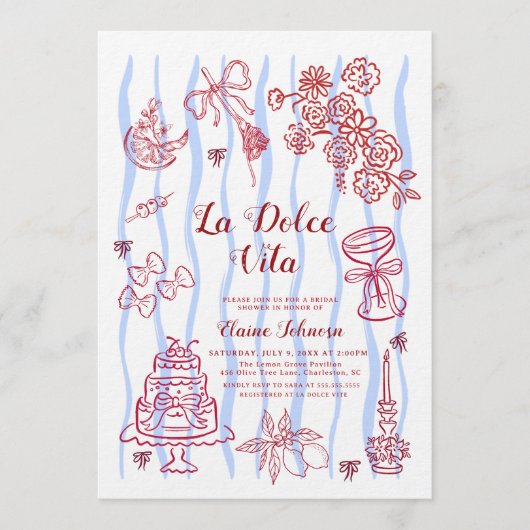 Red Blue Lemon La Dolce Vita Bridal Shower 招待状 (正面)
