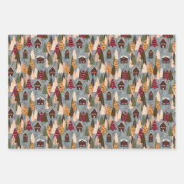 Red Blue Orange Christmas Forest Village ラッピングペーパーシート