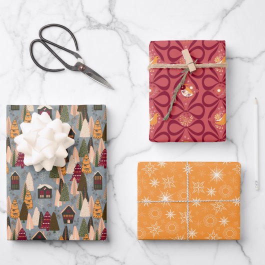 Red Blue Orange Christmas Forest Village ラッピングペーパーシート (正面)