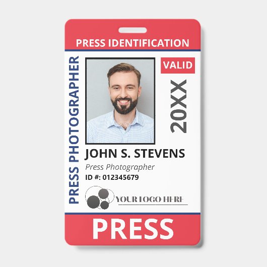 Red Blue Photo & Logo Press ID QR Code バッジ (正面)