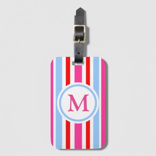 Red Blue Pink Candy Stripes Monogram ラゲッジタグ (正面縦)