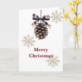 Red Blue Plaid Cream Bow Pine Cone Christmas カード (黄色い花)