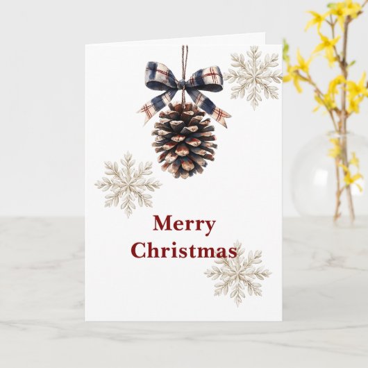 Red Blue Plaid Cream Bow Pine Cone Christmas カード (黄色い花)