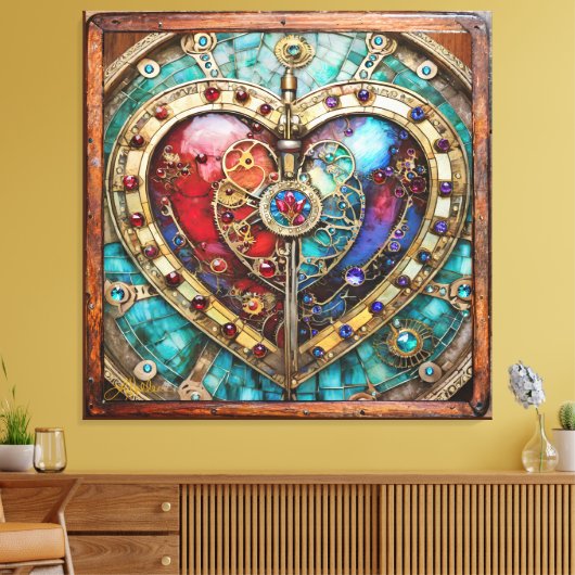 Red & Blue Stained Glass Heart Steampunk Series キャンバスプリント (インサイチュ (リビング))