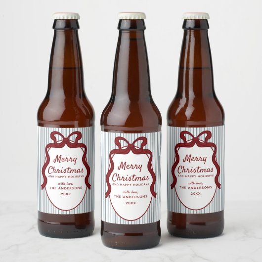 Red Blue Stripes & Bow Frame Christmas  ビールラベル (ボトル)