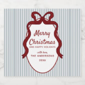 Red Blue Stripes & Bow Frame Christmas  ビールラベル (シングルラベル)