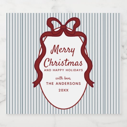 Red Blue Stripes & Bow Frame Christmas  ビールラベル (シングルラベル)