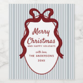 Red Blue Stripes & Bow Frame Christmas  ワインラベル (シングルラベル)