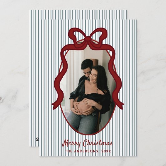 Red Blue Stripes & Bow Frame Christmas Photo シーズンカード (正面/裏面)