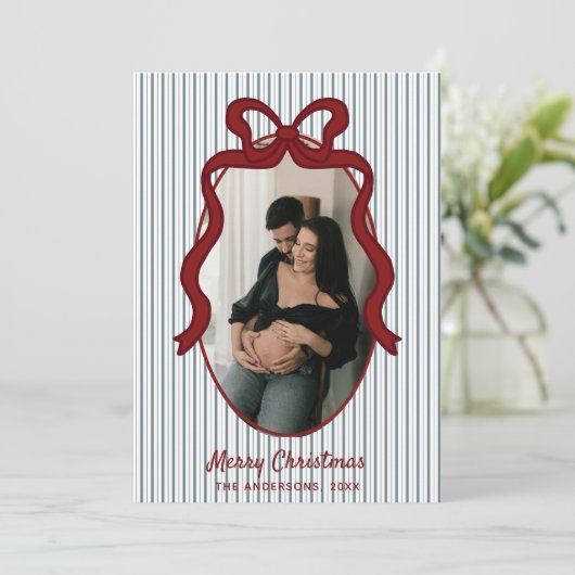 Red Blue Stripes & Bow Frame Christmas Photo シーズンカード (スタンド正面)