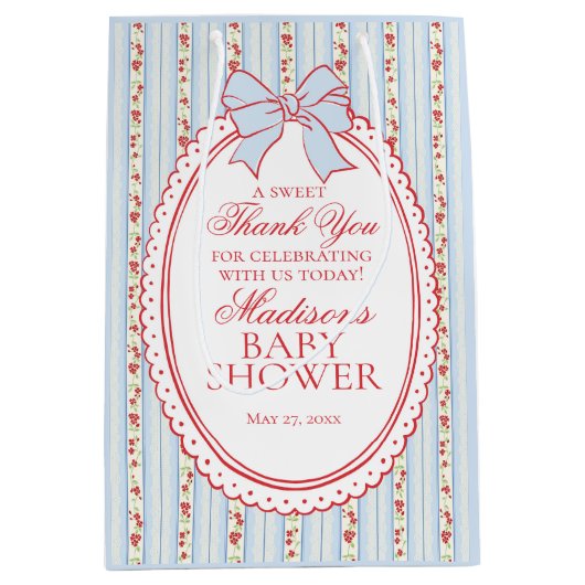 Red & Blue Vintage Fancy Floral Baby Shower Favors ミディアムペーパーバッグ (正面)