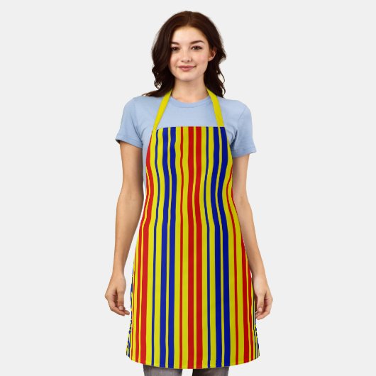 Red Blue Yellow Stripes Pattern Design  エプロン (着用した状態)