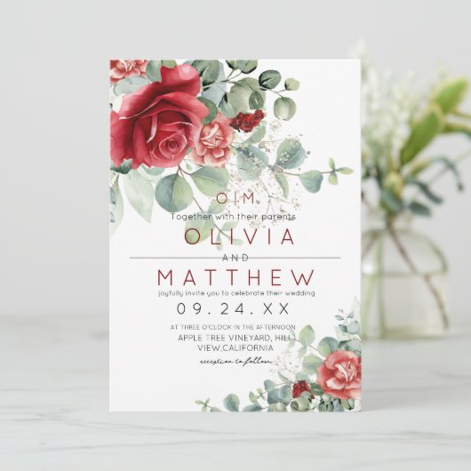 Red Blush Burgundy Greenery  Elegant Wedding 招待状 (スタンド正面)