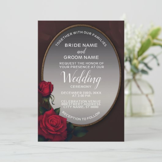 Red Blush Floral Silver Gray Mirror Wedding 招待状 (スタンド正面)
