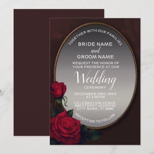 Red Blush Floral Silver Gray Mirror Wedding 招待状 (正面/裏面)