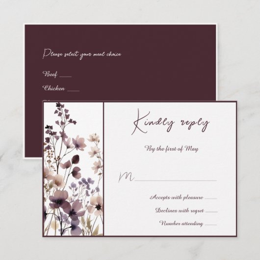 Red Blush Floral Wedding Elegant Romantic 出欠カード (正面/裏面)