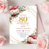 Red blush roses 80th birthday invitation with gold 招待状