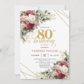 Red blush roses chic gold accent card 80th birthda 招待状 (正面)